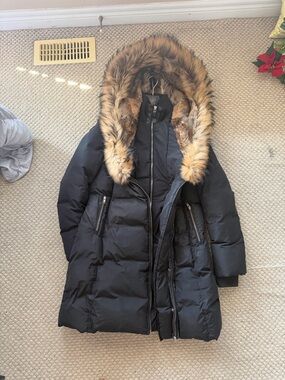 Mackage Black Puffer Coat with Faux-Fur Trim Hood